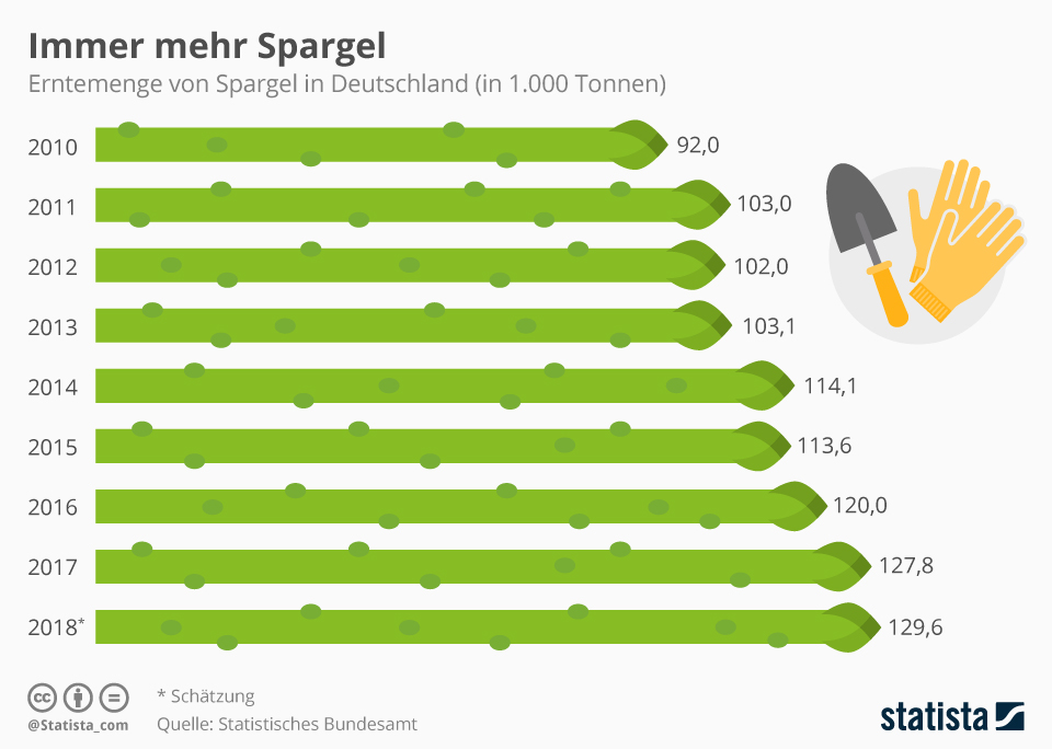 Die Grafik zeigt die jährliche Erntemenge von Spargel in Deutschland (in 1.000 t). Quelle: Statista